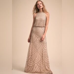 Adrianna Papell Blush-Beige Beaded Halter Maxi Dress